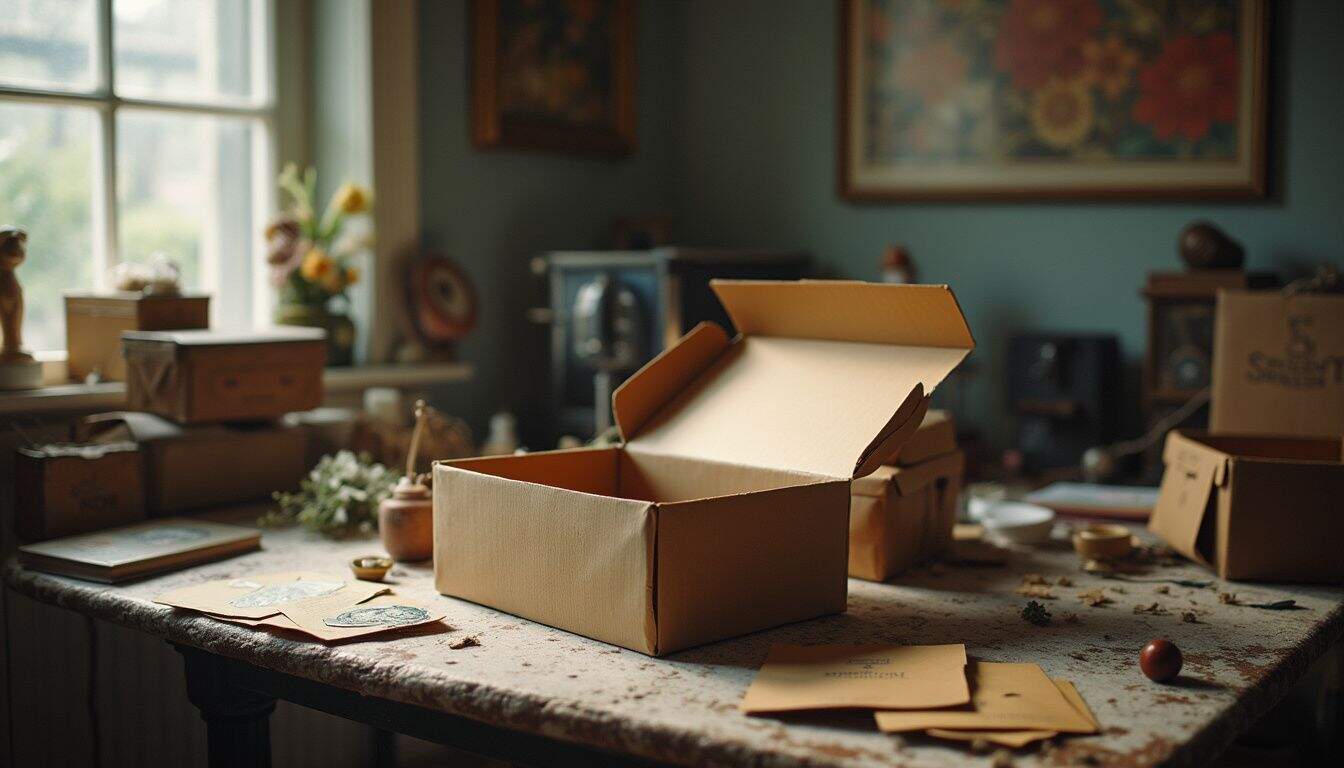 Partially opened mystery box on a messy table with other packages nearby. Partially opened mystery box on a messy table with other packages nearby.