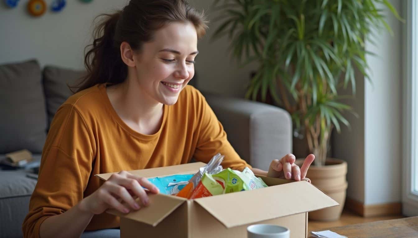 Woman in a cozy living room opening a box with a smile. Woman in a cozy living room opening a box with a smile.