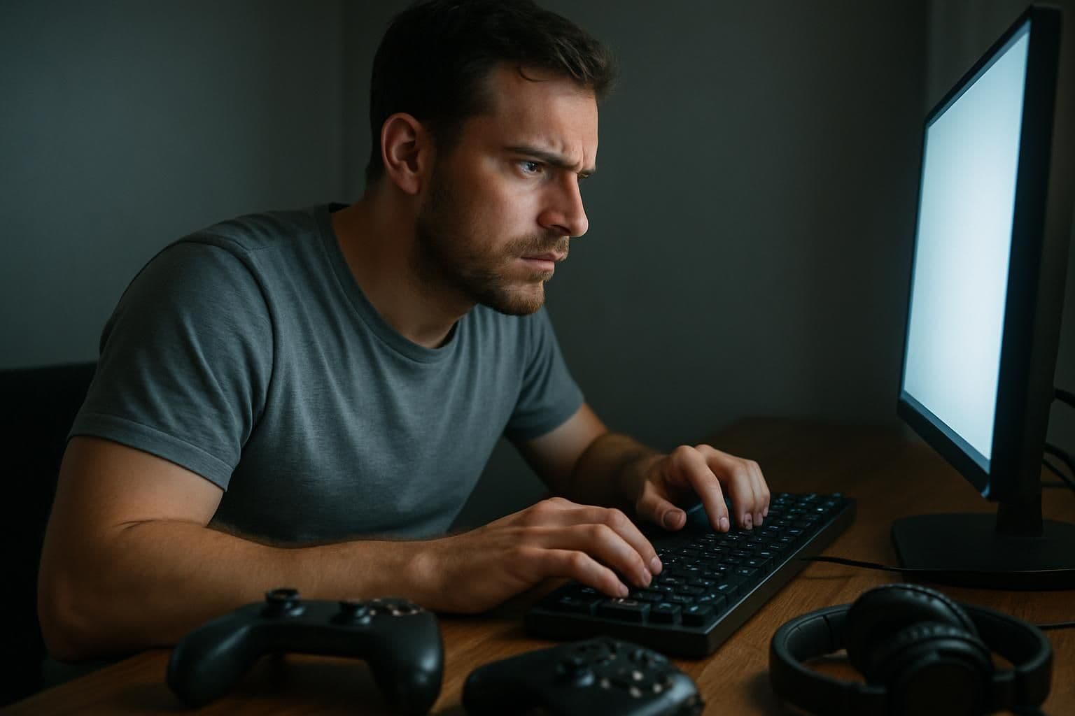 A focused man in his 30s sits at a cluttered desk, engaged in an intense gaming session. A focused man in his 30s sits at a cluttered desk, engaged in an intense gaming session.