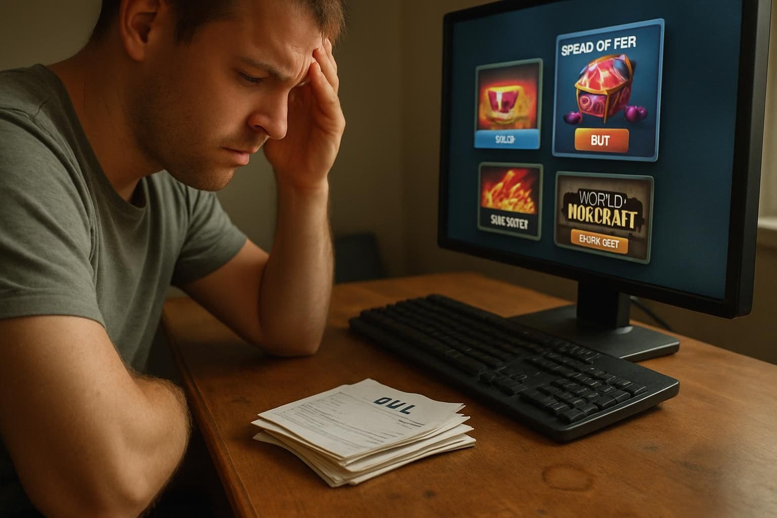 A cluttered wooden desk displays unpaid bills and a computer monitor with intrusive game ads, reflecting financial stress. A cluttered wooden desk displays unpaid bills and a computer monitor with intrusive game ads, reflecting financial stress.