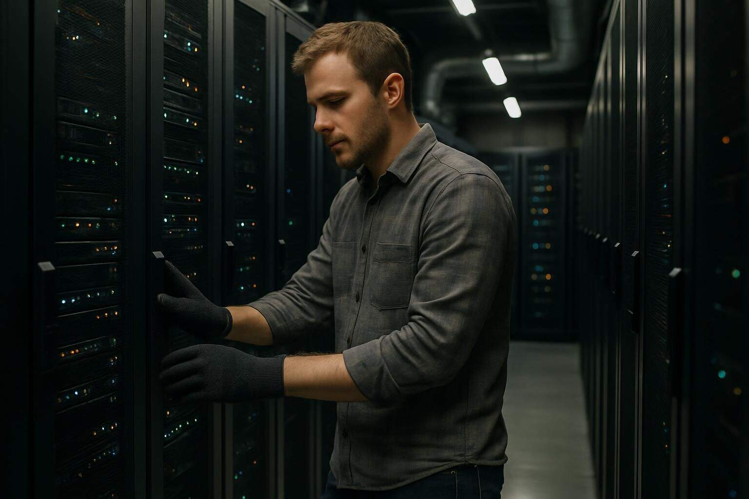 A focused man inspects equipment in a data center, dressed in a flannel shirt and jeans, wearing gloves. A focused man inspects equipment in a data center, dressed in a flannel shirt and jeans, wearing gloves.