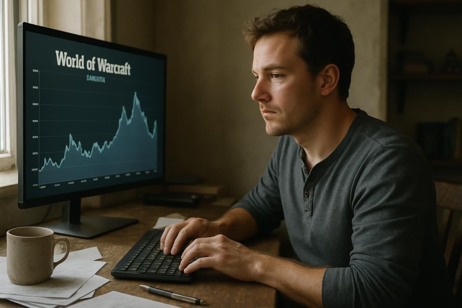 A focused man in casual attire analyzes revenue charts for World of Warcraft at a cluttered wooden desk. A focused man in casual attire analyzes revenue charts for World of Warcraft at a cluttered wooden desk.
