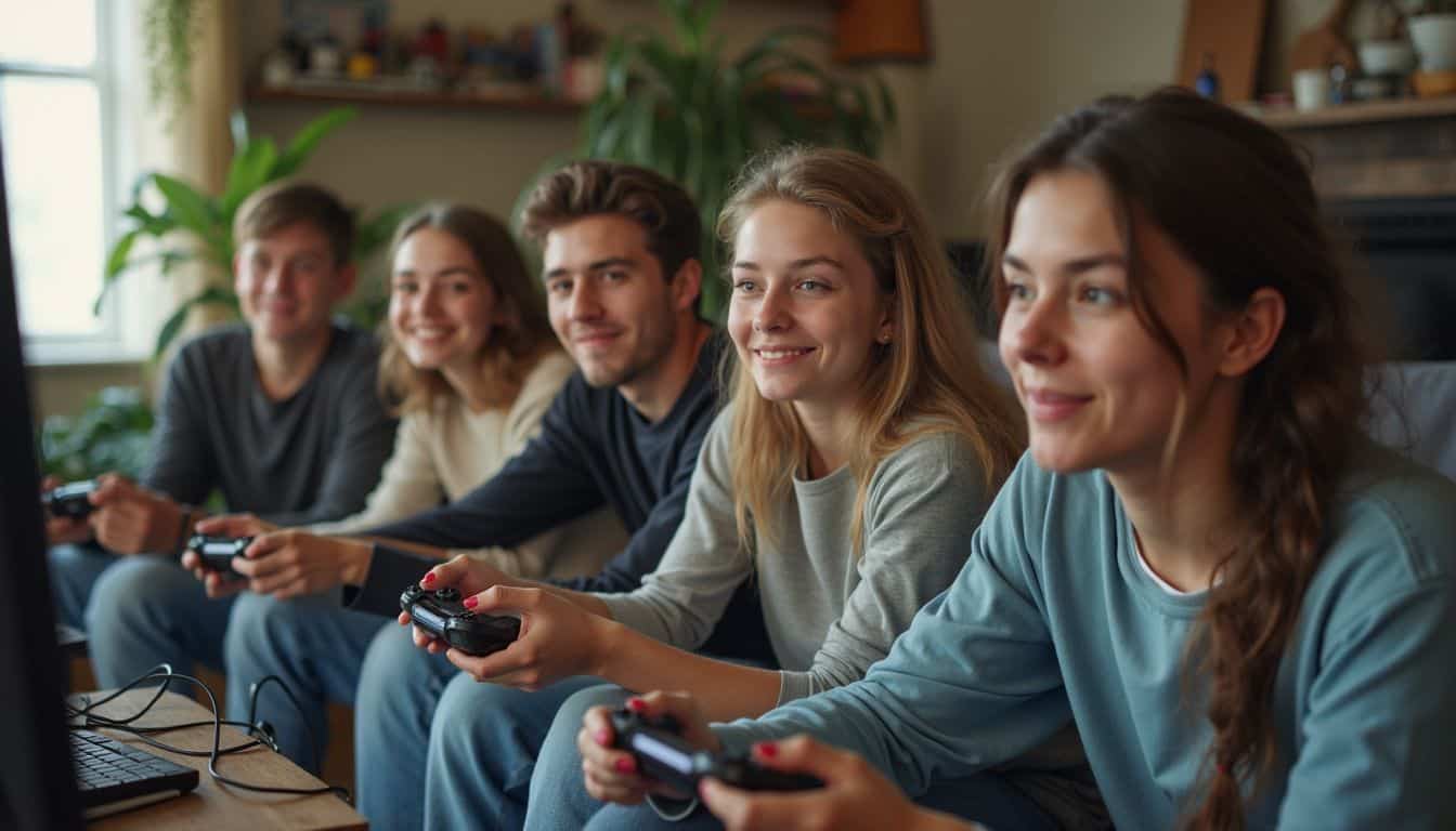 A group of transgender gamers of different ages enjoys a relaxed gaming session in a cozy, lived-in space. A group of transgender gamers of different ages enjoys a relaxed gaming session in a cozy, lived-in space.