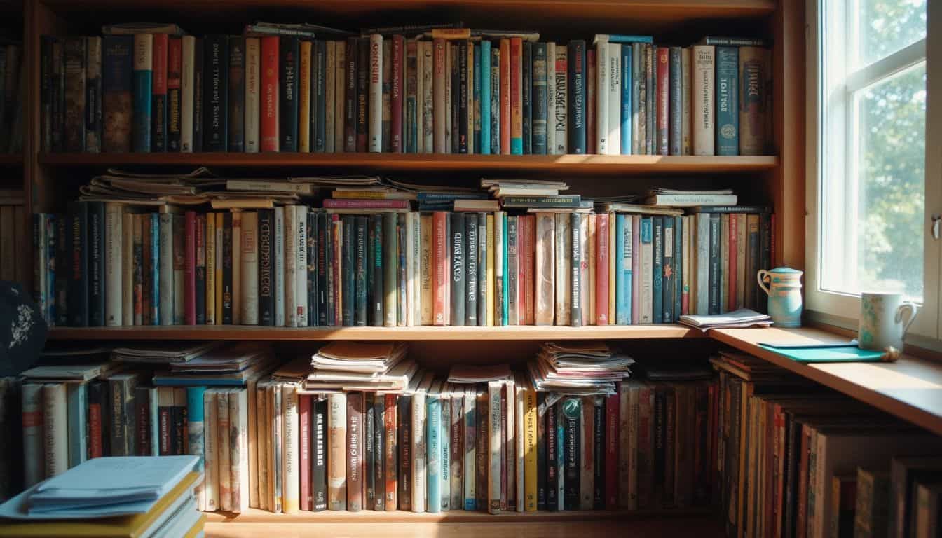 A cluttered bookshelf filled with diverse, well-worn books reflects the lived-in charm of a cozy living room. A cluttered bookshelf filled with diverse, well-worn books reflects the lived-in charm of a cozy living room.