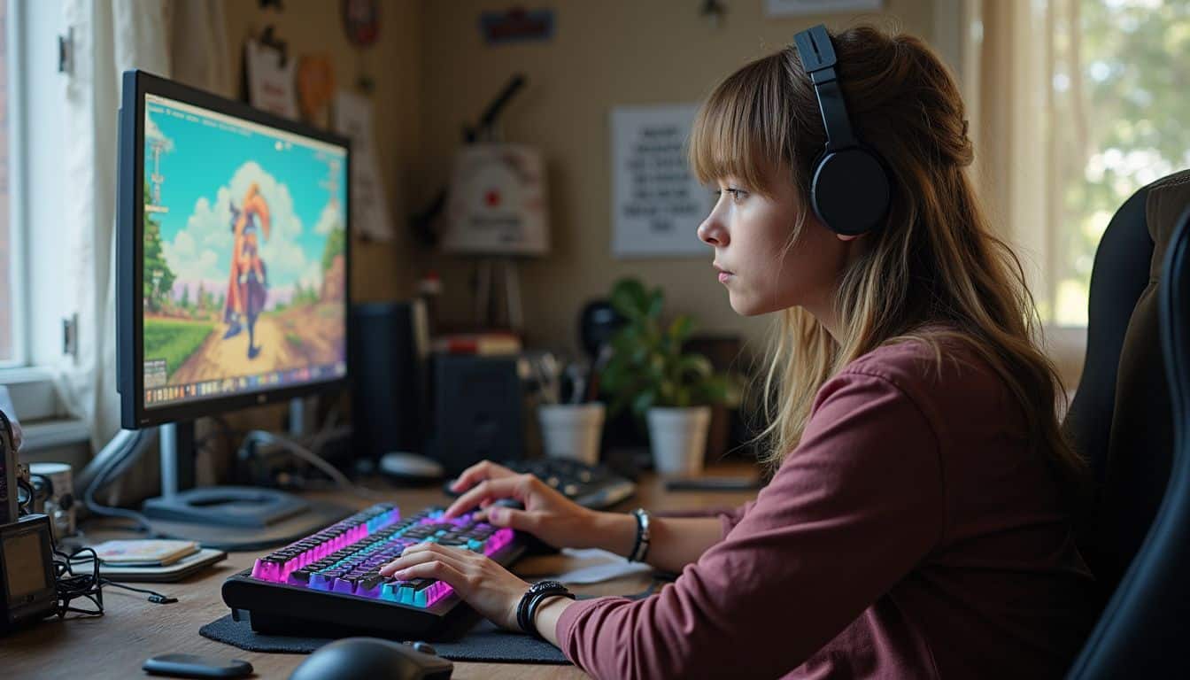 A casual gamer sits at a messy desk surrounded by colorful gear and personal artwork, absorbed in her game. A casual gamer sits at a messy desk surrounded by colorful gear and personal artwork, absorbed in her game.