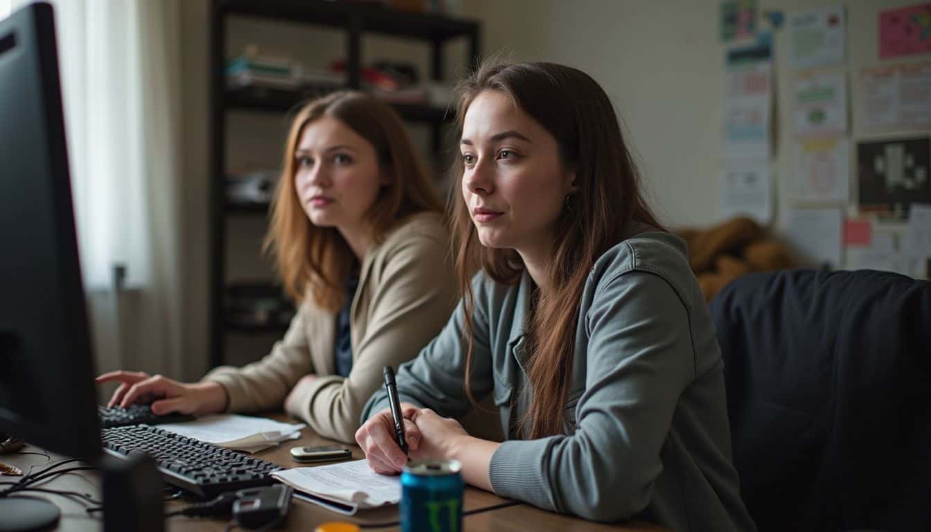 Two trans women collaborate at a cluttered desk, discussing gaming strategies in a relaxed, casual setting. Two trans women collaborate at a cluttered desk, discussing gaming strategies in a relaxed, casual setting.