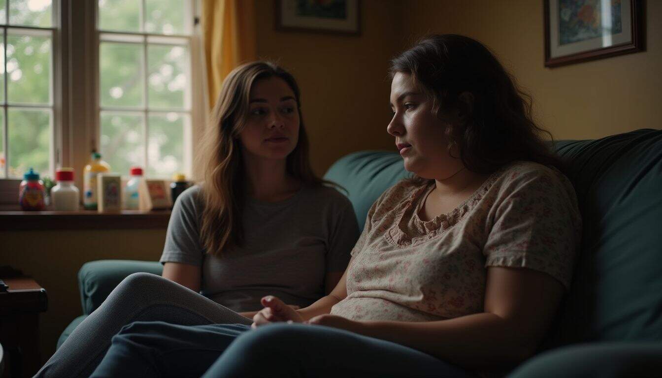 A woman in her late 20s casually chats with her partner on a well-worn couch in their cozy living room. A woman in her late 20s casually chats with her partner on a well-worn couch in their cozy living room.