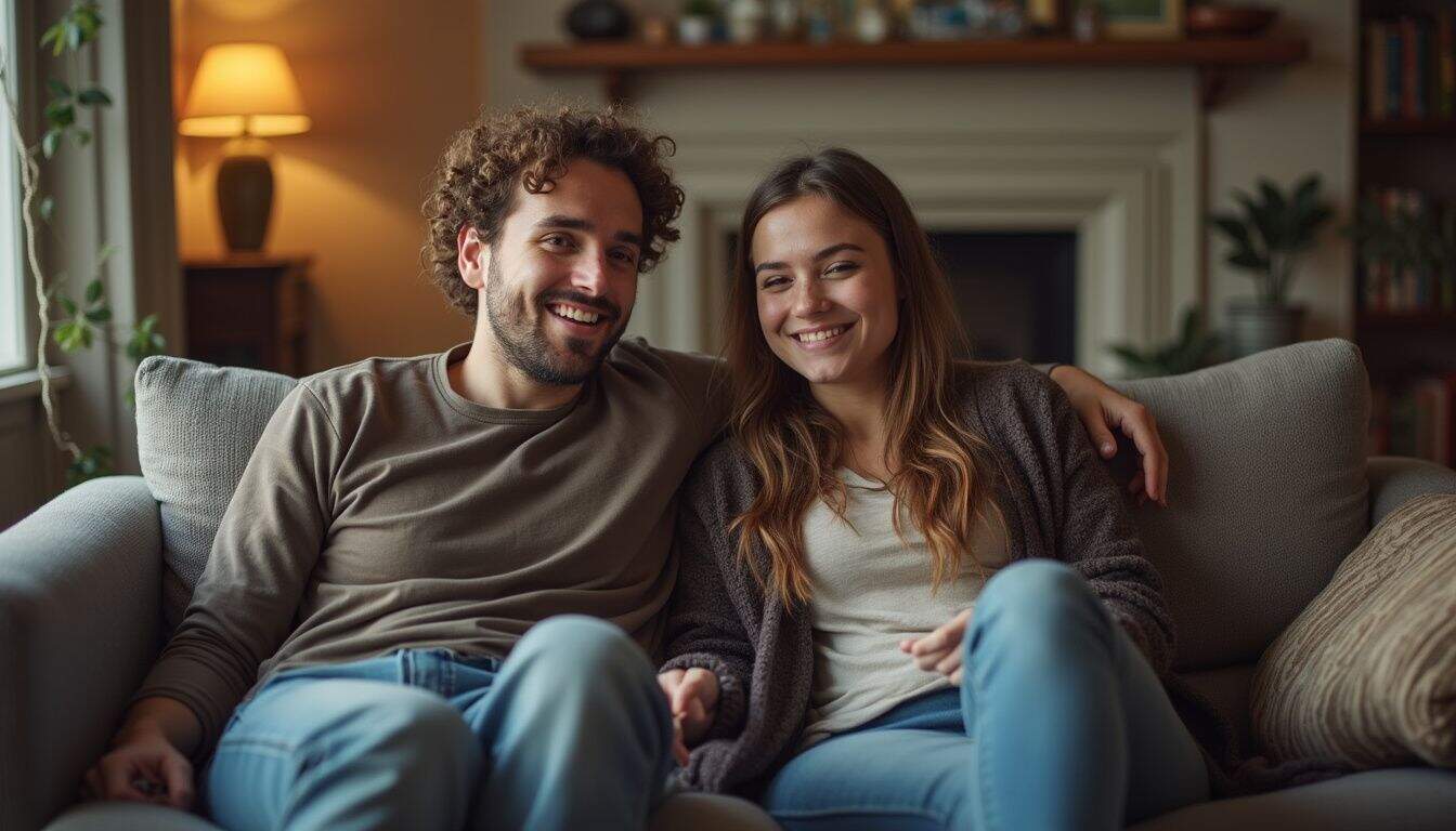 A couple in their late 20s enjoys a relaxed, candid conversation on a cluttered couch in their living room. A couple in their late 20s enjoys a relaxed, candid conversation on a cluttered couch in their living room.