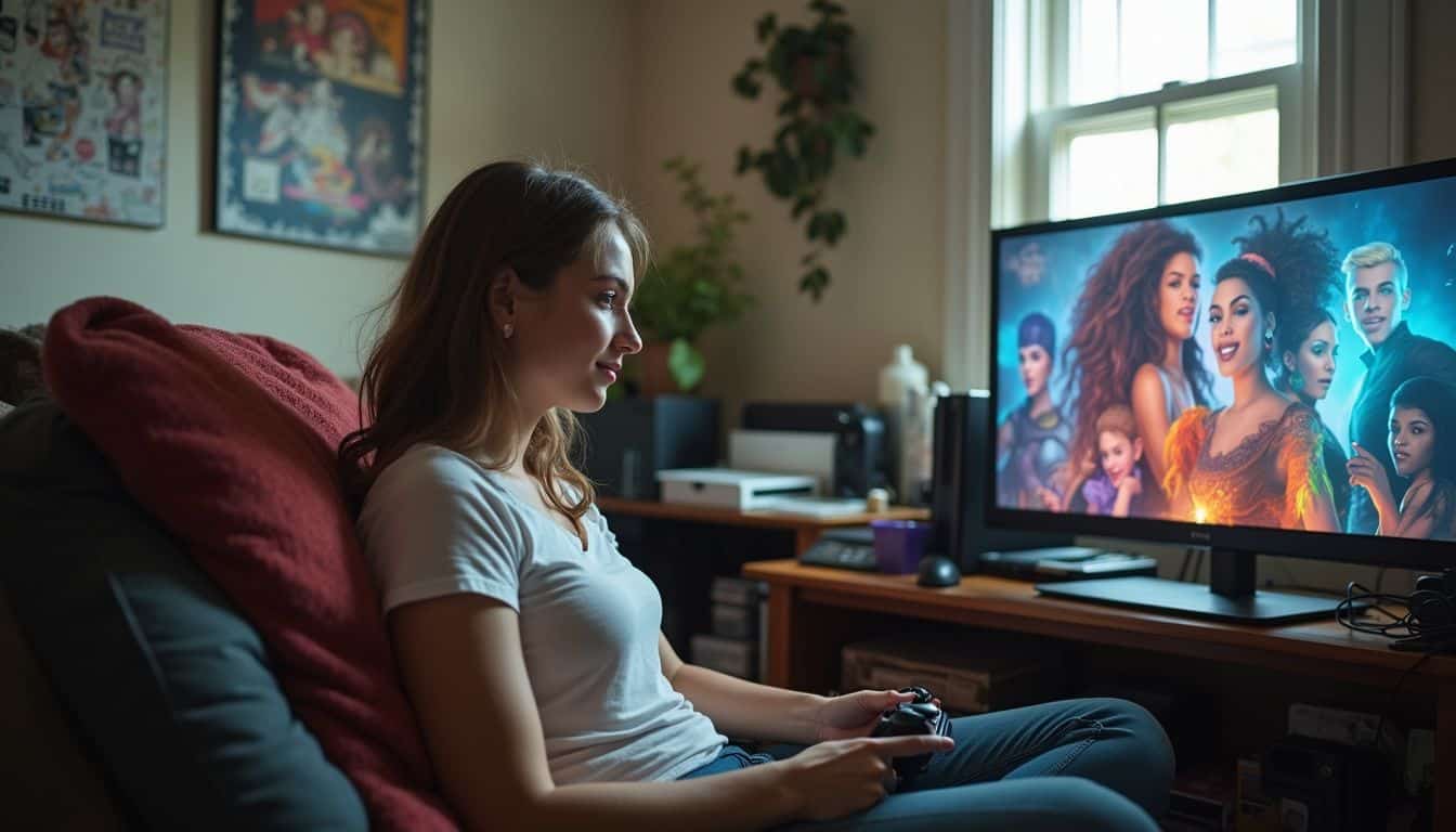 A young trans woman enjoys playing a vibrant video game in her cozy, cluttered gaming room. A young trans woman enjoys playing a vibrant video game in her cozy, cluttered gaming room.