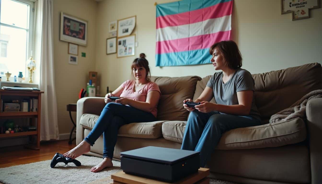 A transgender couple enjoys a casual gaming afternoon in a cozy, lived-in living room. A transgender couple enjoys a casual gaming afternoon in a cozy, lived-in living room.