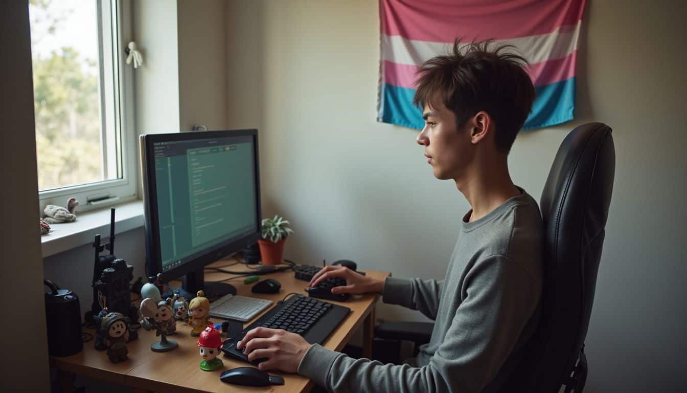 A relaxed individual games at a messy desk adorned with figurines and a transgender pride flag. A relaxed individual games at a messy desk adorned with figurines and a transgender pride flag.