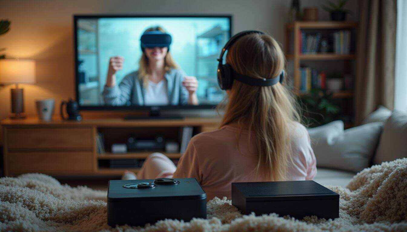 A transgender woman enjoys playing a VR game in her cozy, cluttered living room filled with gaming gear. A transgender woman enjoys playing a VR game in her cozy, cluttered living room filled with gaming gear.