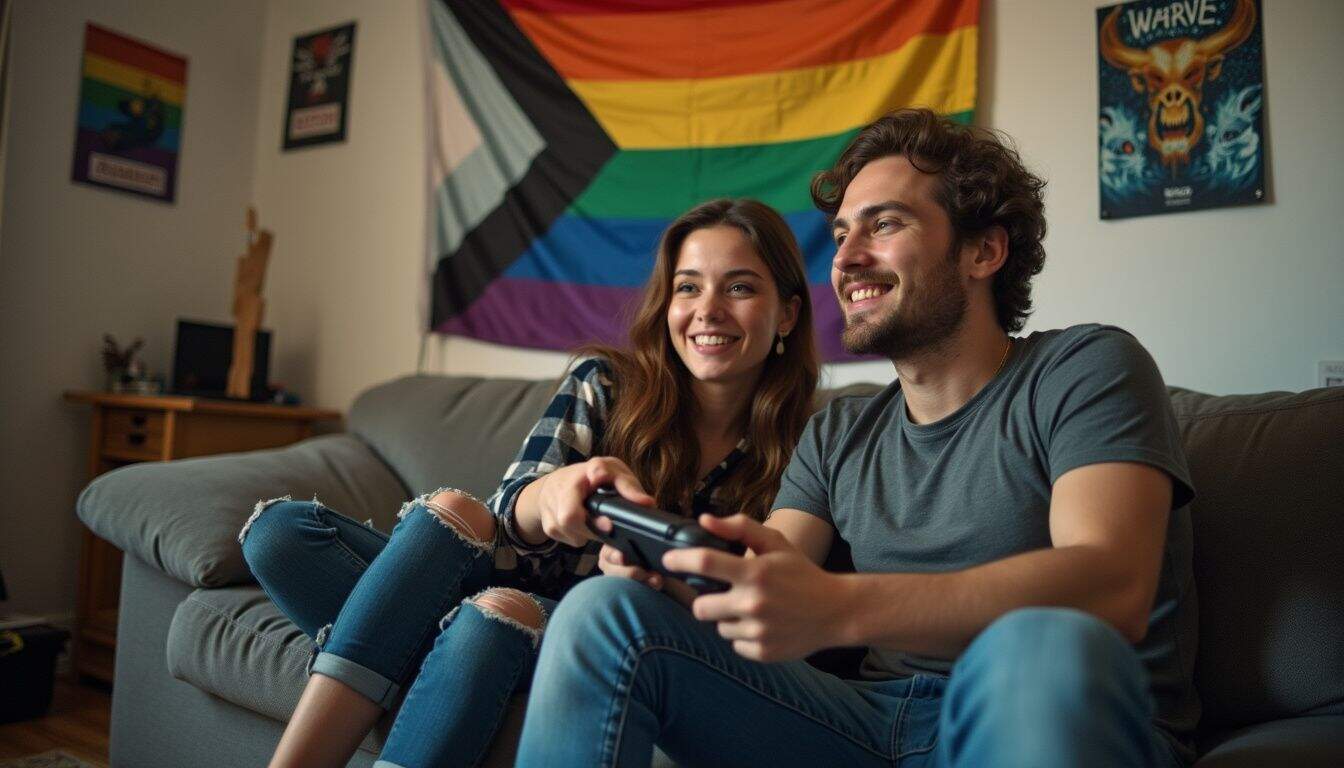 A couple enjoys a casual gaming session on a cozy couch in their lived-in room adorned with personal touches. A couple enjoys a casual gaming session on a cozy couch in their lived-in room adorned with personal touches.