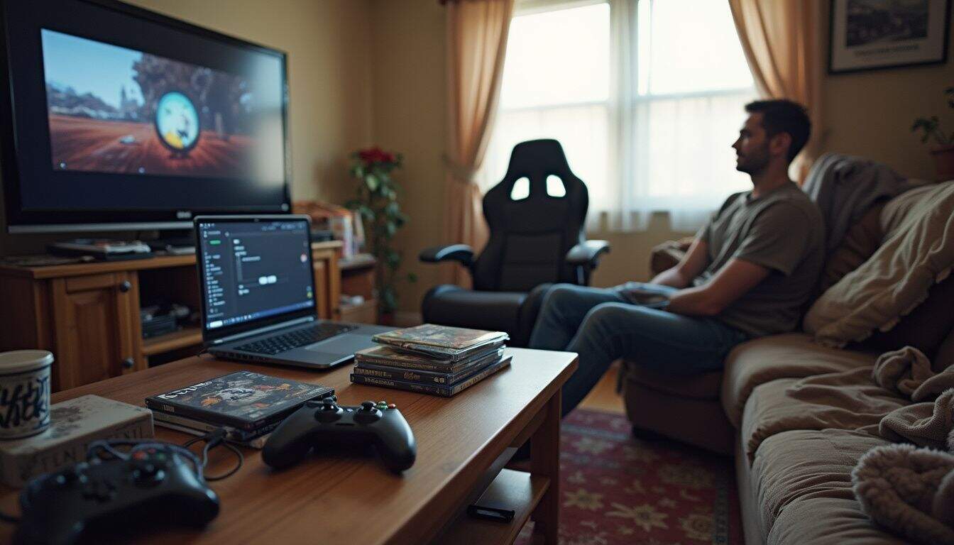 A cozy, cluttered living room features gaming gear and a relaxed individual enjoying a casual moment. A cozy, cluttered living room features gaming gear and a relaxed individual enjoying a casual moment.