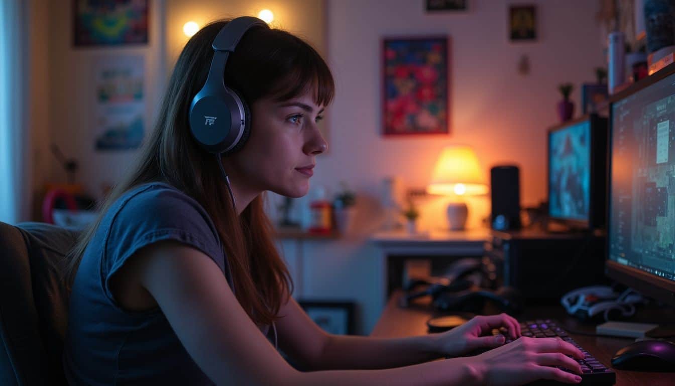 A middle-aged trans woman enjoys her evening in a cozy, cluttered bedroom while gaming on her computer. A middle-aged trans woman enjoys her evening in a cozy, cluttered bedroom while gaming on her computer.