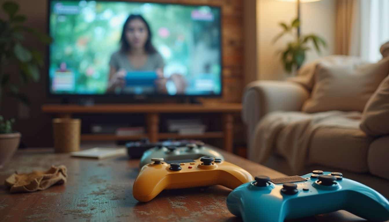A cozy living room features a video game on TV, colorful controllers, mismatched cushions, and a relaxed person. A cozy living room features a video game on TV, colorful controllers, mismatched cushions, and a relaxed person.