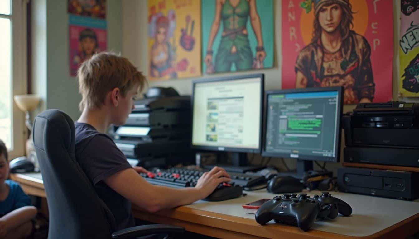 A cluttered gaming desk features consoles and posters, with a relaxed person partially visible in a casual, lived-in space. A cluttered gaming desk features consoles and posters, with a relaxed person partially visible in a casual, lived-in space.