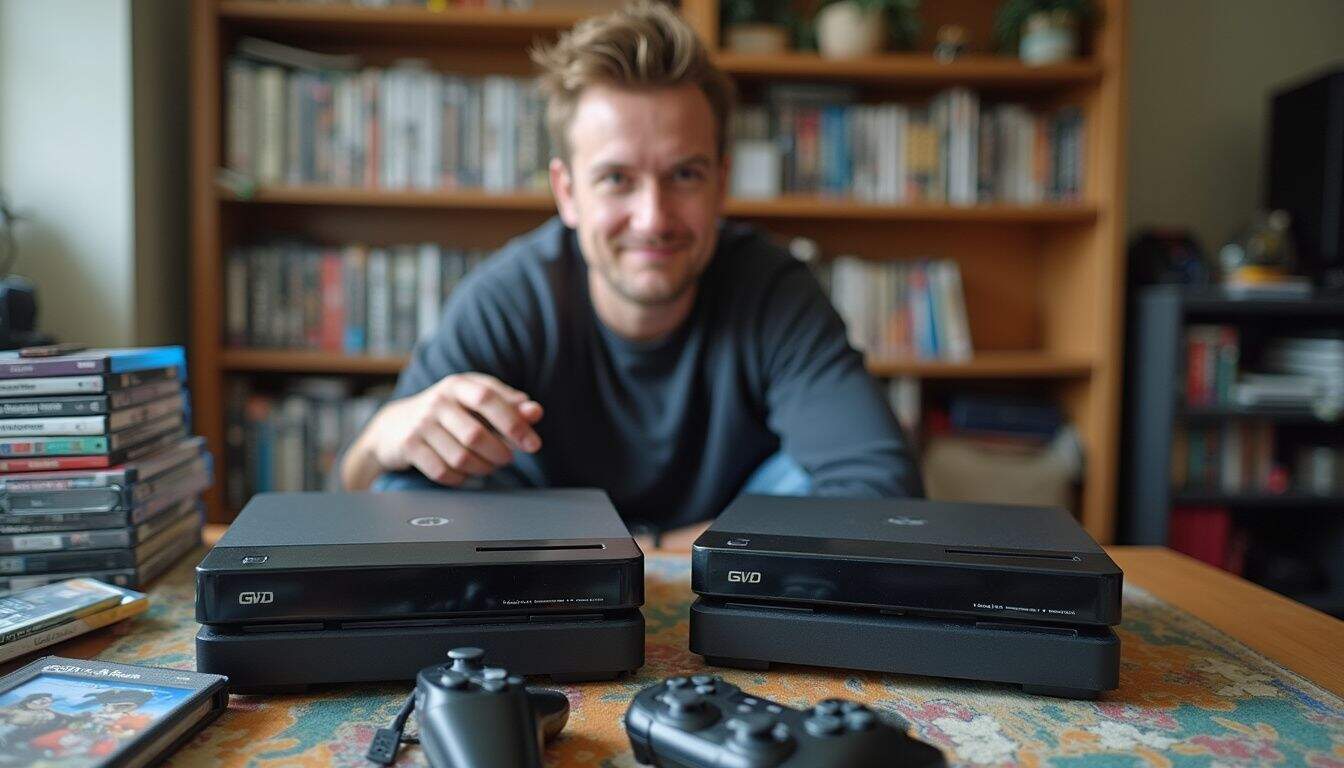 A cozy living room features gaming consoles, a cluttered table, and a relaxed person in a comfortable setting. A cozy living room features gaming consoles, a cluttered table, and a relaxed person in a comfortable setting.