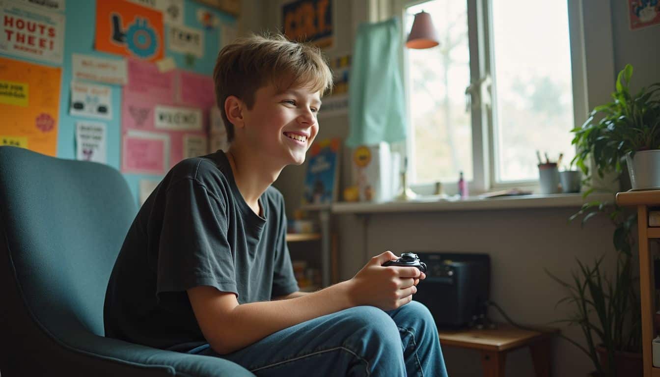 A teenage boy casually plays video games in a cluttered room filled with personal artwork and messages of individuality. A teenage boy casually plays video games in a cluttered room filled with personal artwork and messages of individuality.