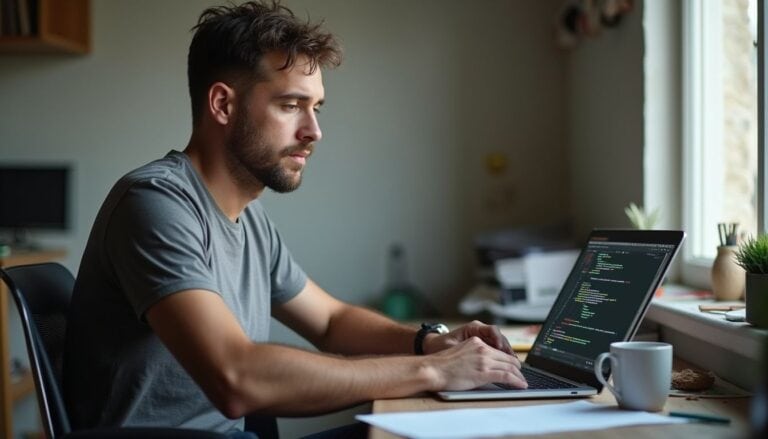 Young man coding on laptop focusing on programming code at home workspace.