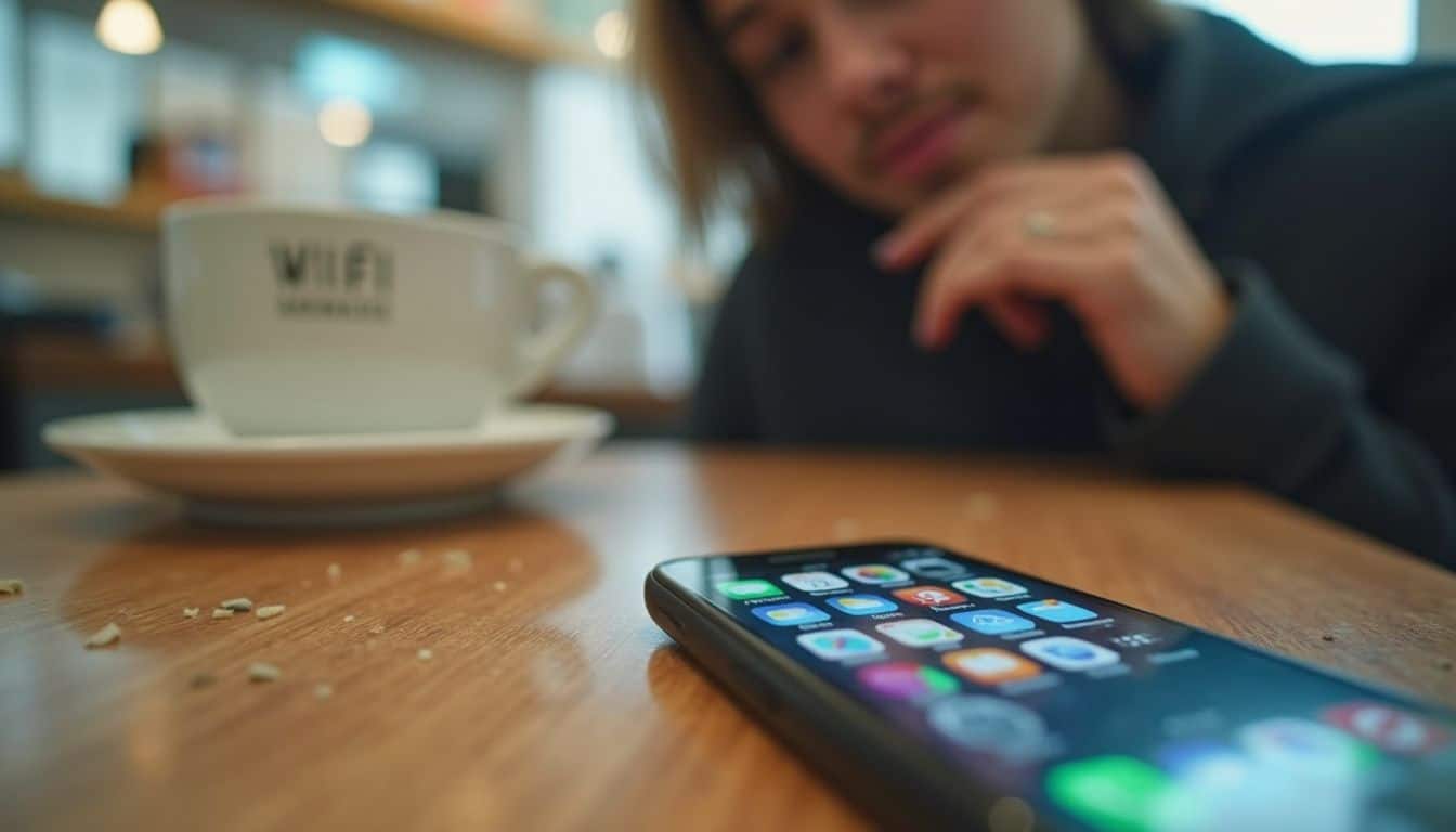 A casual café scene shows a smartphone on a cluttered table with a coffee cup and a relaxed person nearby. WiFi coffee shop with smartphone and blurred person in background, showcasing modern technology, mobile devices, and connectivity.