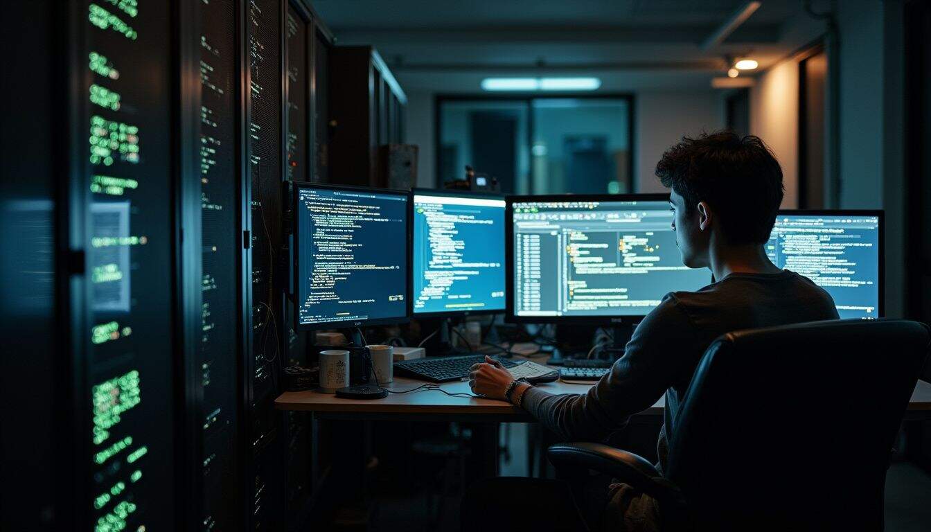 High-tech cybersecurity analyst working on multiple monitors in a dark data center, coding and monitoring network systems for optimal performance and security.