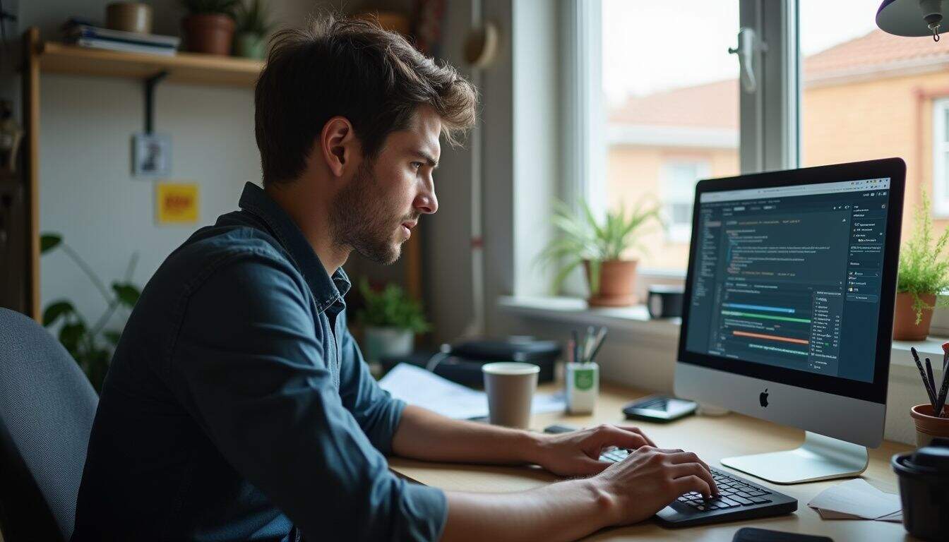A relaxed man in his mid-30s works on software testing in a cluttered home office. Focused man working on computer coding in a modern home office, elbow resting on desk with plants and natural light, programming and technology workspace.