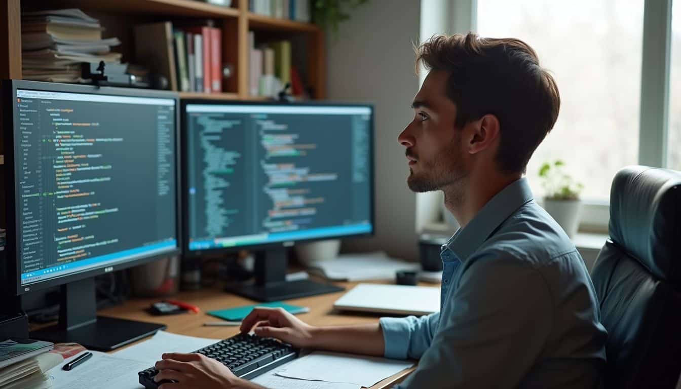 A casual young man works on cybersecurity tasks at a cluttered desk with multiple computer monitors. Code programmer working on dual monitors displaying software development code, modern office environment, focused man in front of computer, technology and programming concepts, GeekExtreme optimized image.