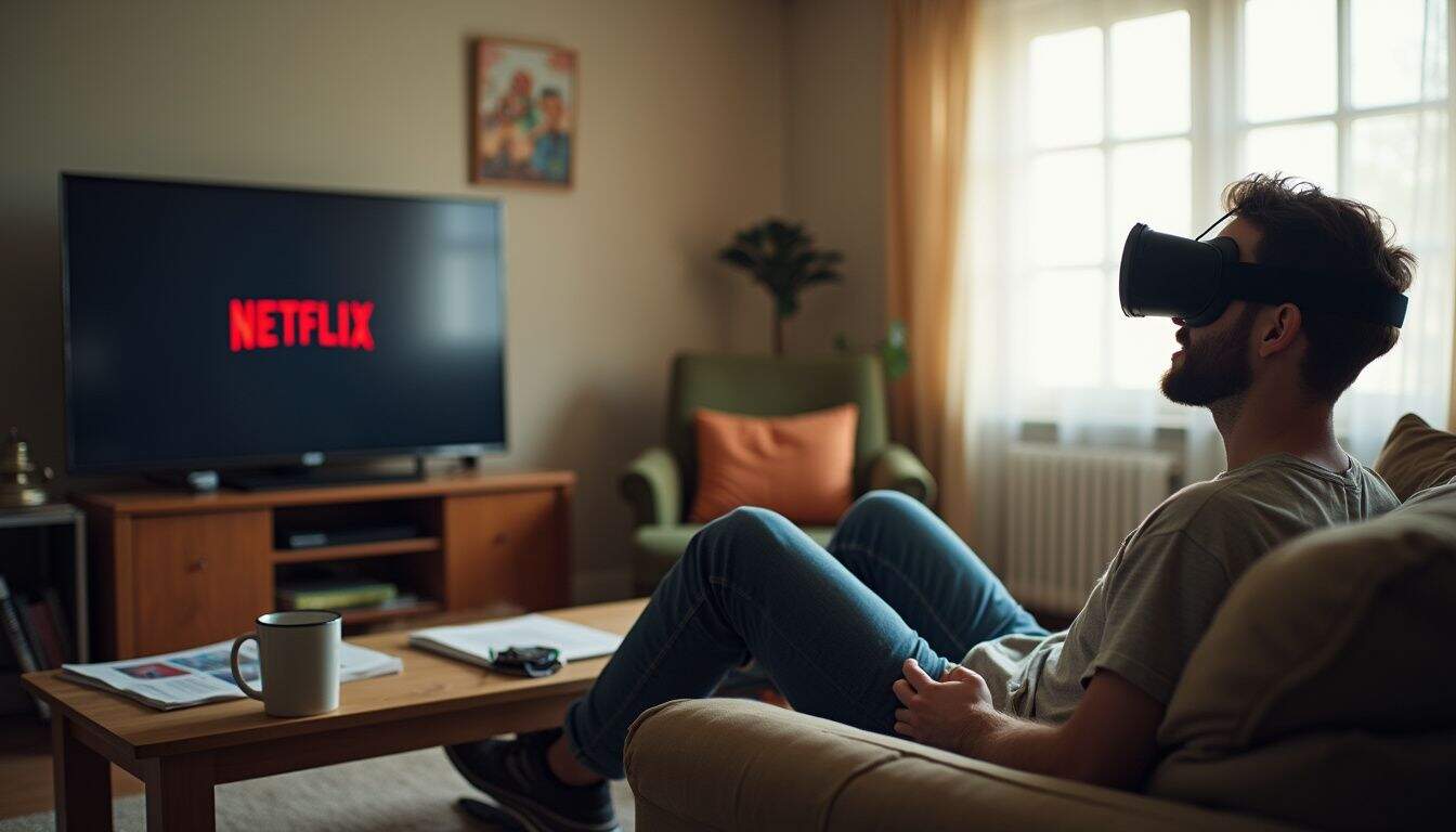 A man in his 30s relaxes on a couch, watching Netflix with a used AR/VR headset on the coffee table. A man in his 30s relaxes on a couch, watching Netflix with a used AR/VR headset on the coffee table.