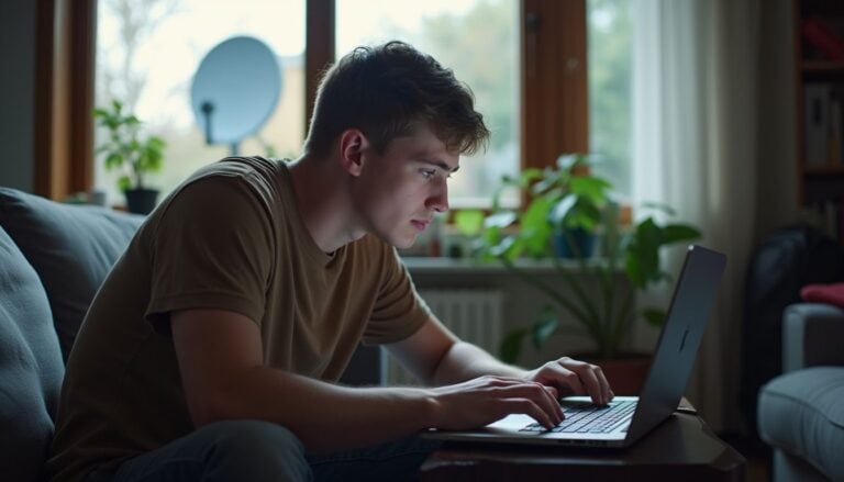 Young man working on a laptop at home, cozy interior, focused, casual, modern workspace, natural light, lifestyle, technology, remote work, indoor photography.