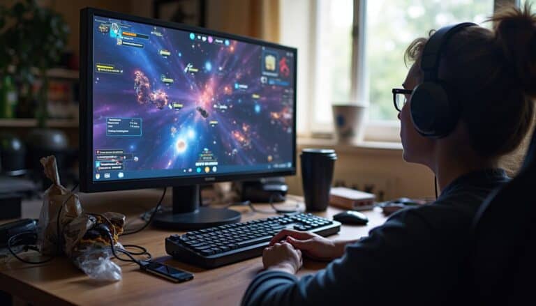 A woman gaming at a desk with a large monitor displaying a space-themed video game, surrounded by a keyboard, mouse, snacks, and a coffee cup, in a cozy home setting.