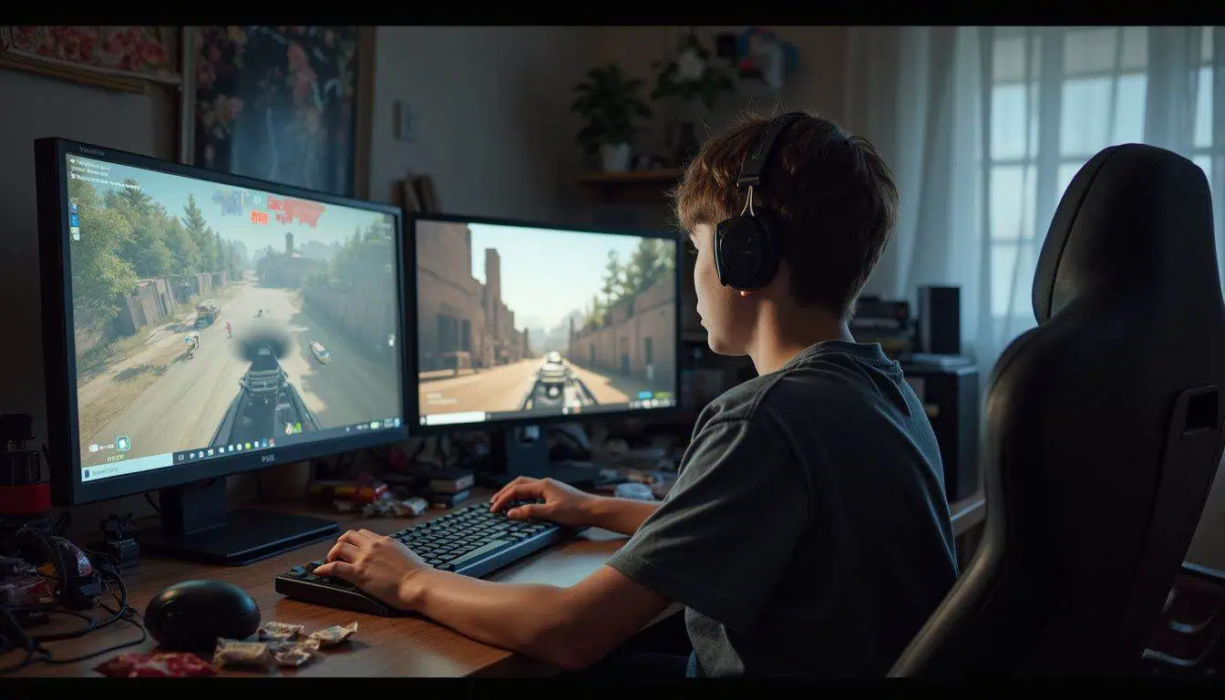A cluttered room with mismatched monitors where a casual gamer plays and chats. Dual monitor gaming setup for immersive gameplay experience with a young gamer using headphones.