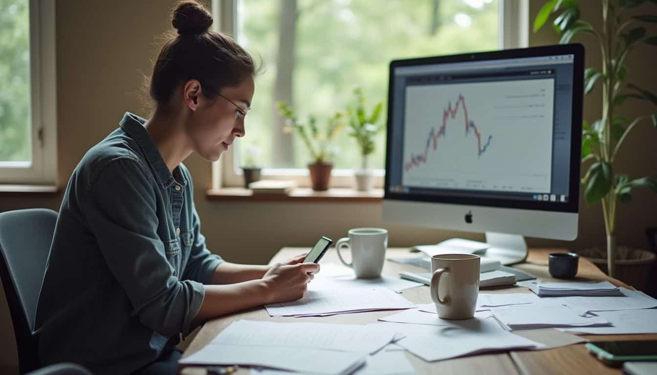 A cluttered desk with papers and coffee mugs features a person casually working amid a declining graph on a computer screen.