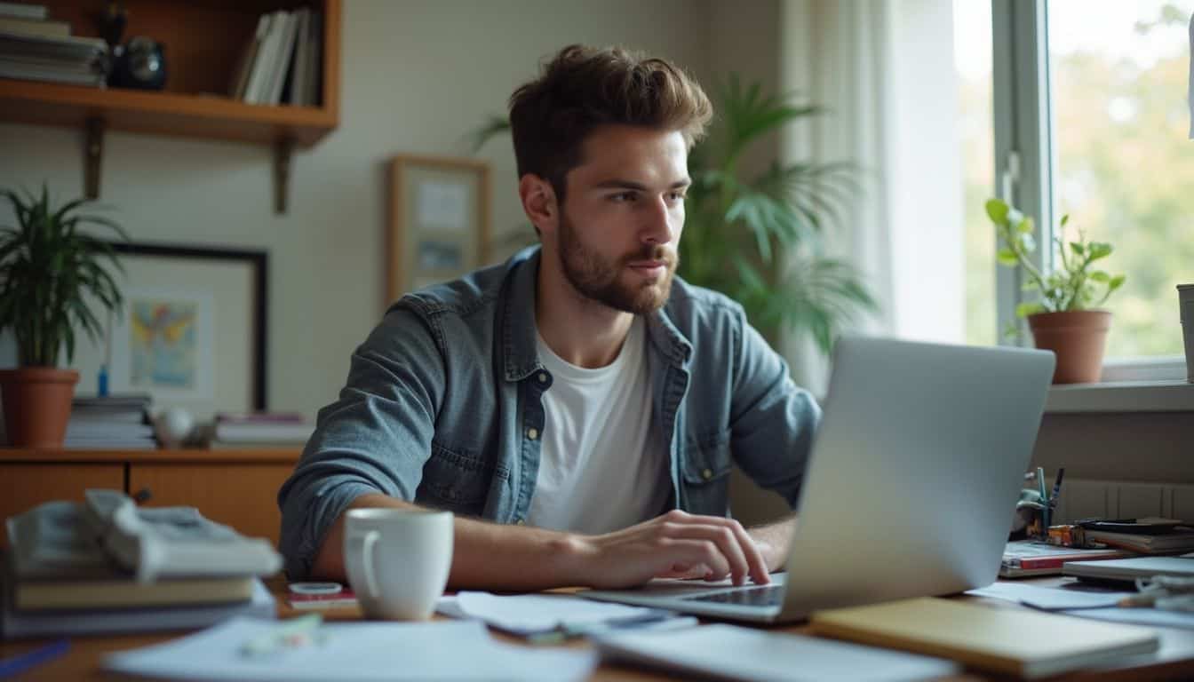 A casual guy in his late 20s sits at a messy desk, focused on his laptop amidst clutter.