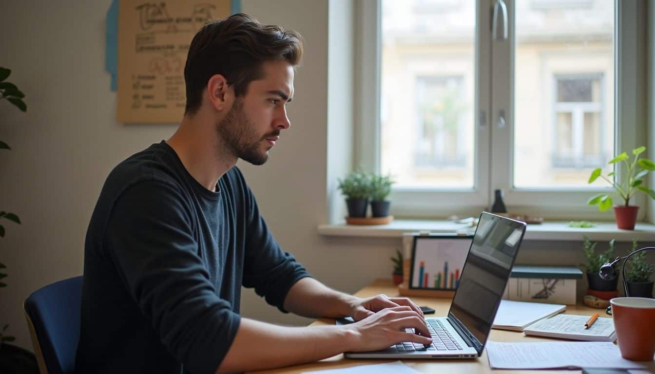 A casually dressed young adult works on a laptop at a cluttered home office desk, focused and relaxed.