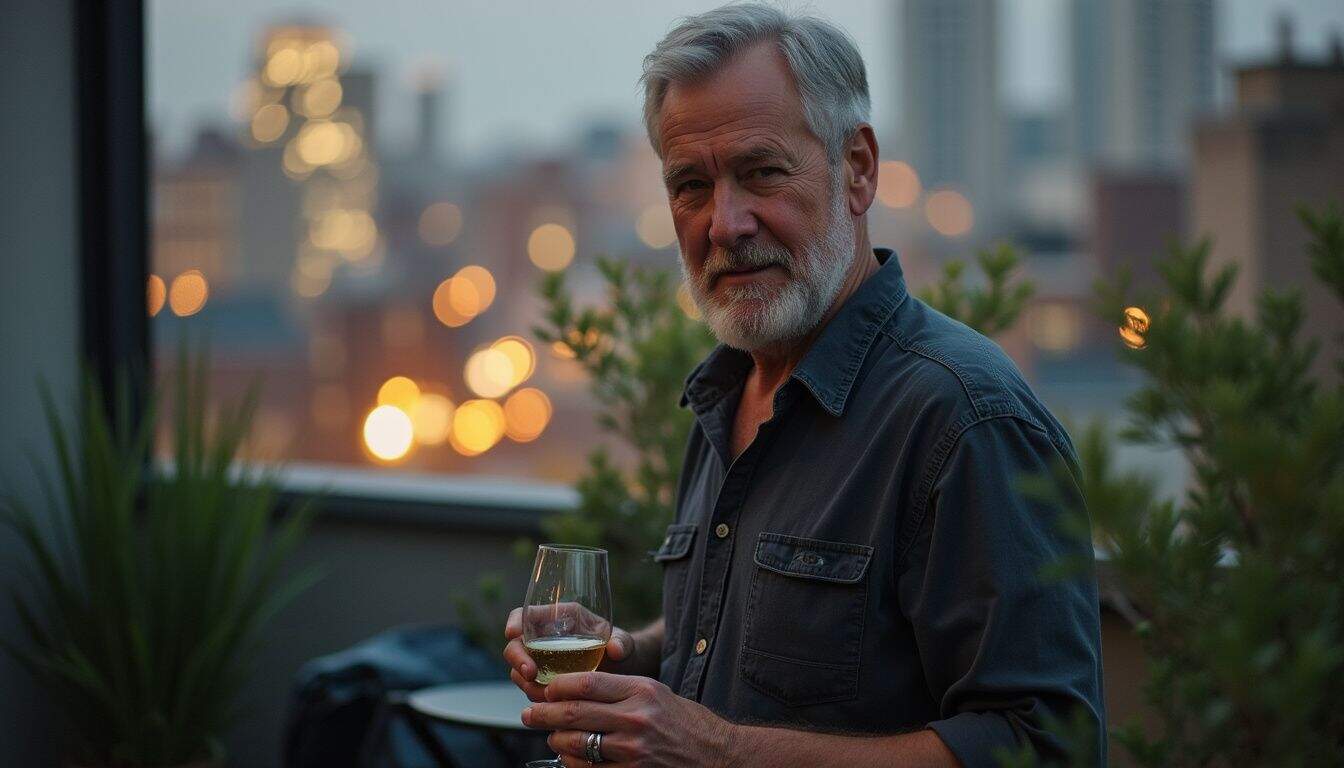 A relaxed middle-aged man enjoys a drink on a cluttered rooftop terrace with city lights in the background.