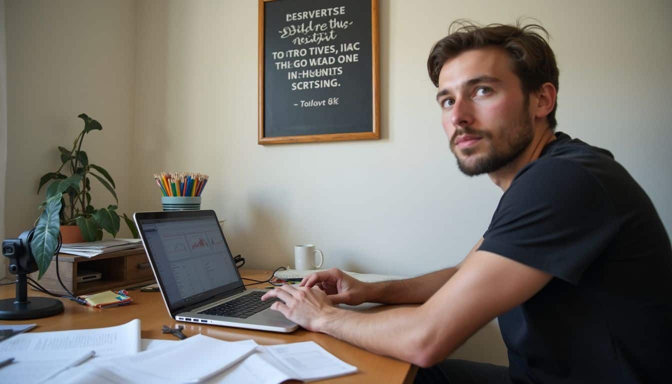 A relaxed person sits by a messy home office desk with papers and an open cryptocurrency exchange site.