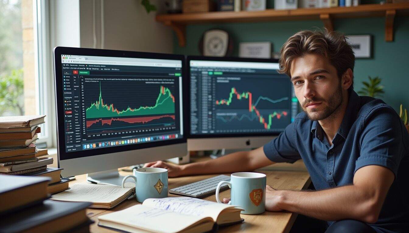 A cluttered desk displays cryptocurrency screens, financial books, and coffee mugs, with a casually dressed person leaning in.