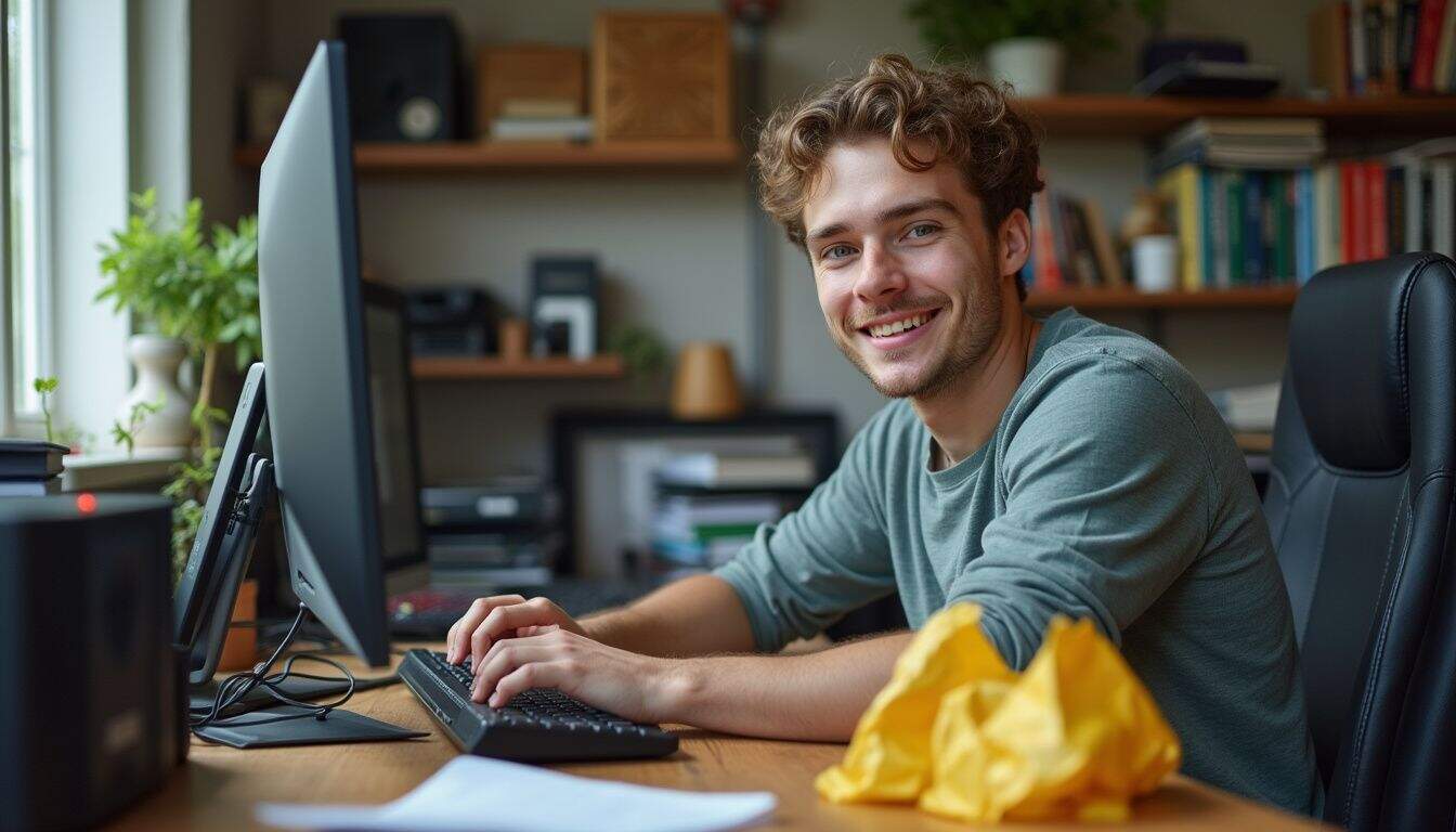 A young man sits casually at a cluttered desk surrounded by mining gear and cryptocurrency books.