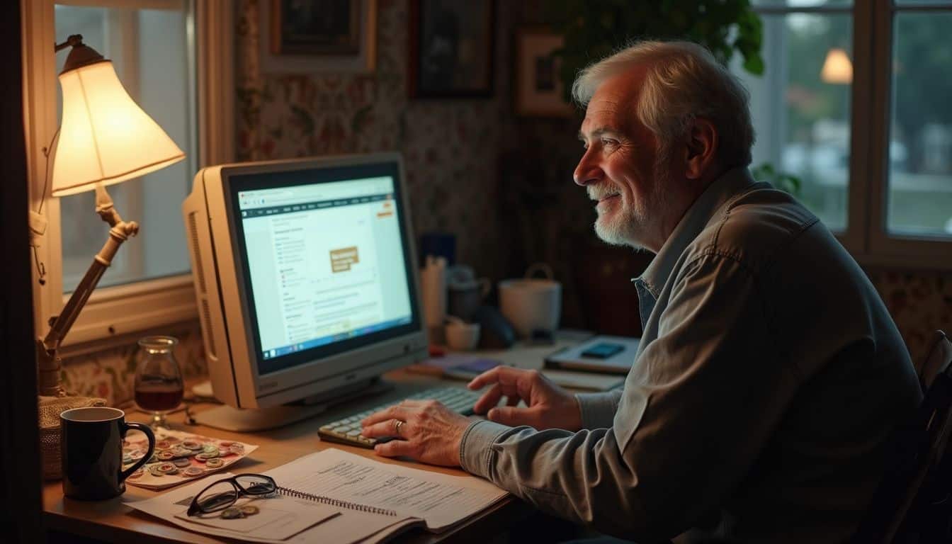 A relaxed older man smiles at a computer screen in a casual, lived-in living room filled with everyday items.