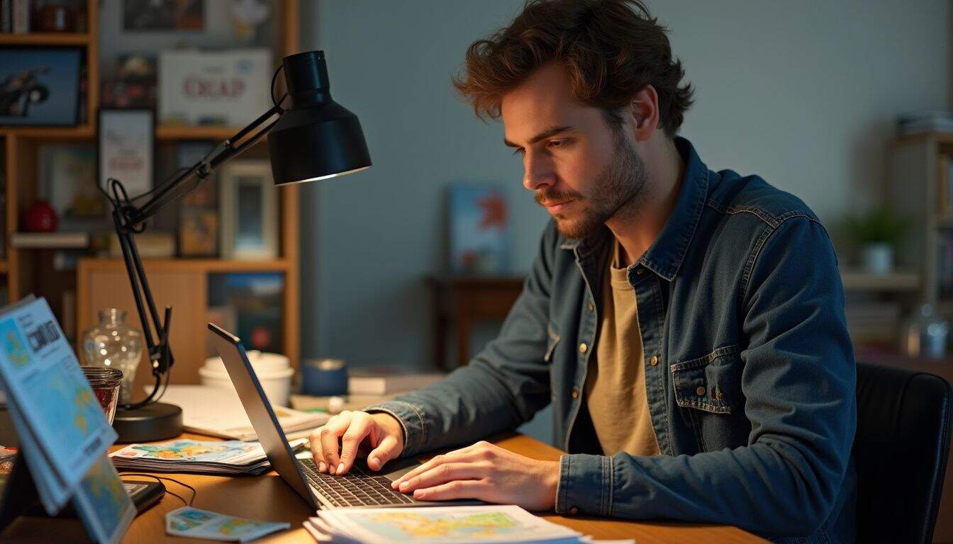 A man in his mid-30s plans a trip at his cluttered desk, surrounded by travel materials and everyday items.