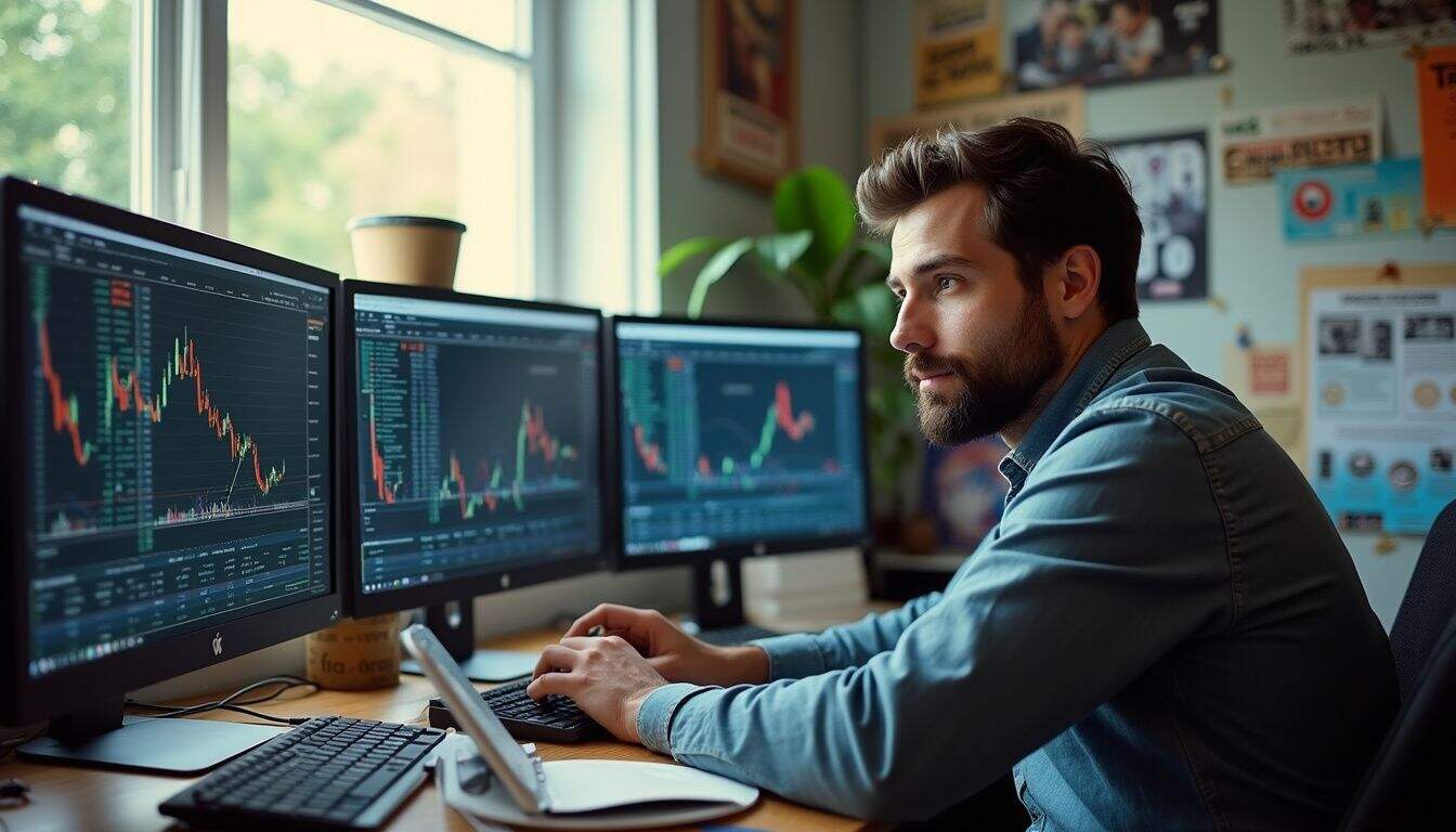 A man in everyday clothes sits at a messy desk with crypto charts, embodying a casual, unposed moment.