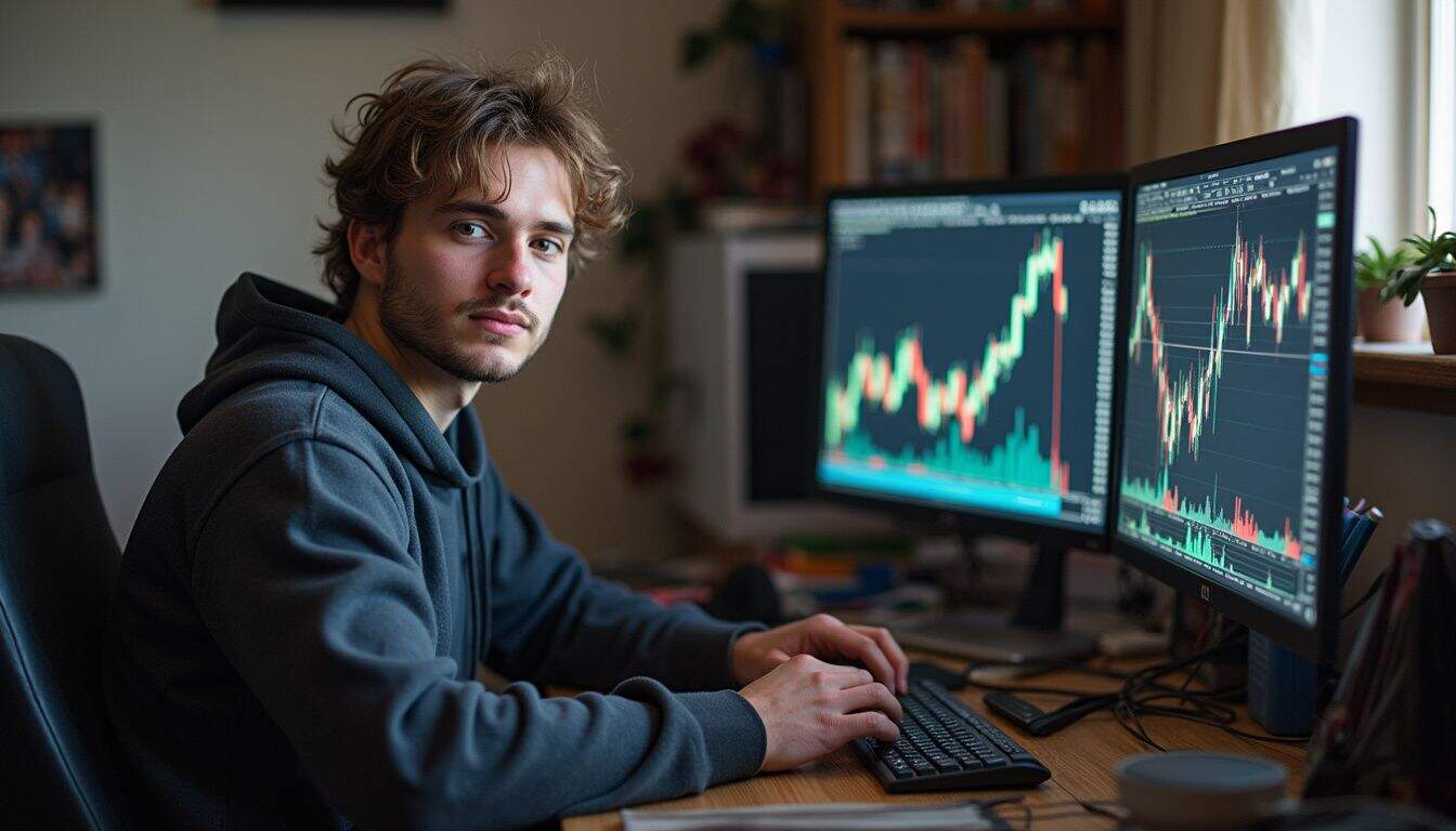 A young man in casual clothing sits in a cluttered room, focused on Bitcoin graphs on multiple computer screens.