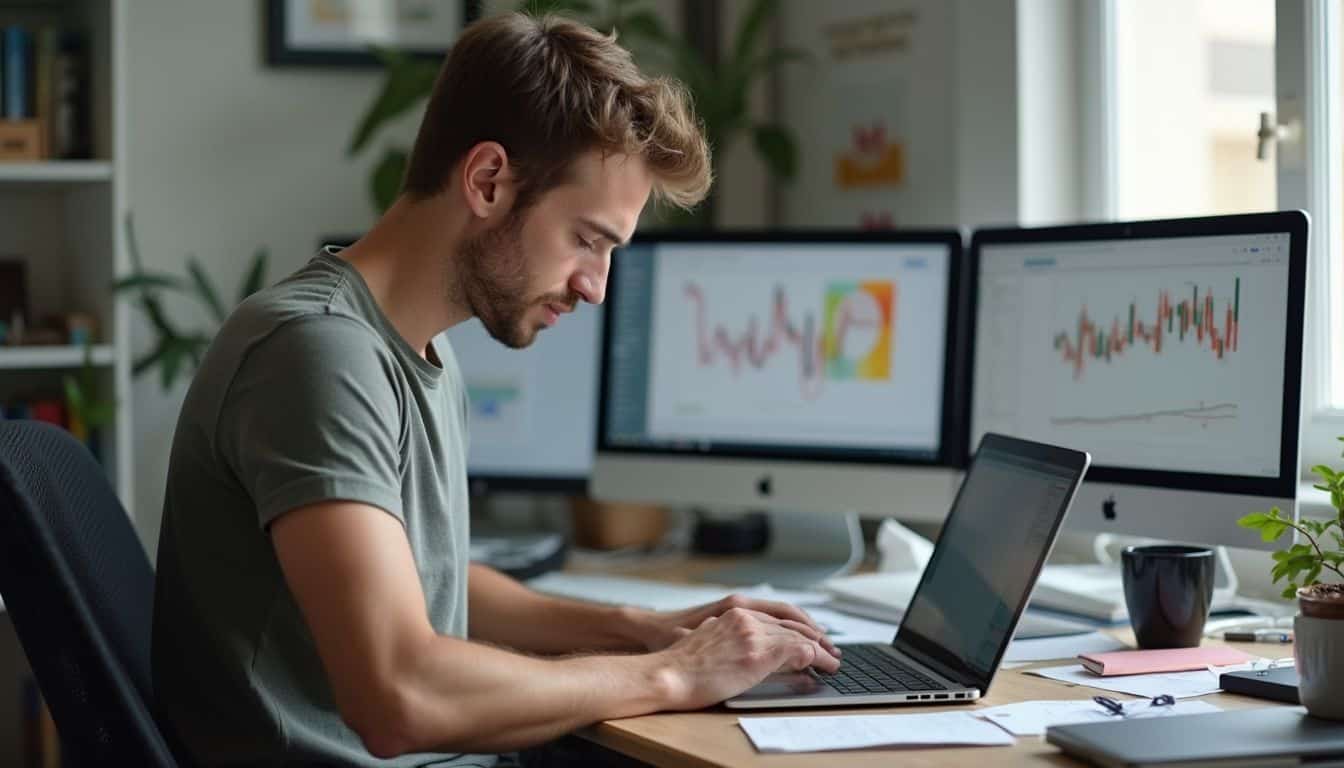 A man in his mid-30s sits at a messy desk, focused on his laptop with a relaxed expression.