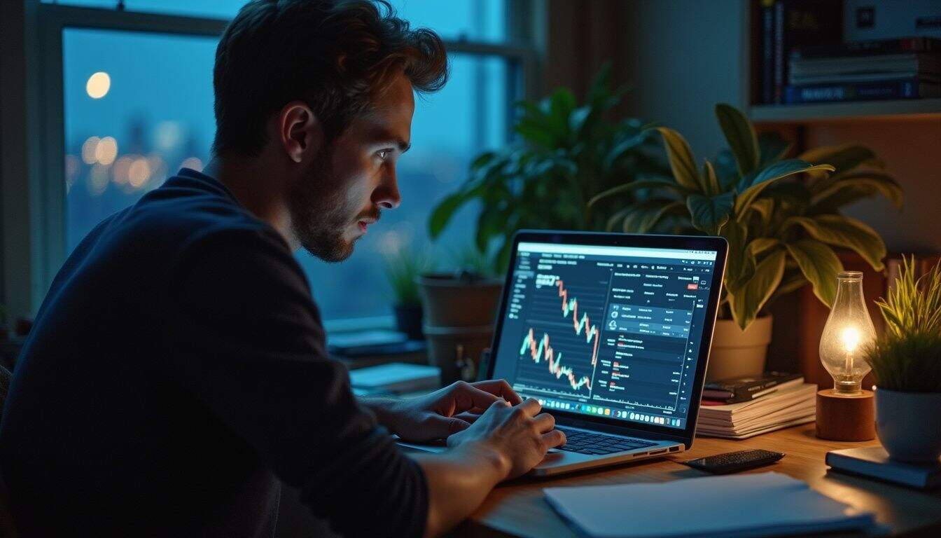 A man in his early 30s appears surprised while reviewing cryptocurrency charts on his laptop in a cluttered home office.