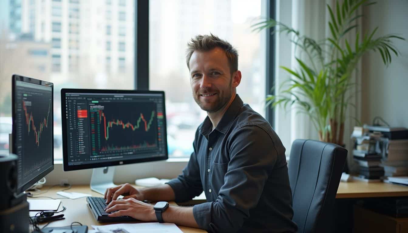 A casually dressed man in his 40s sits at a cluttered desk with computer screens displaying crypto charts.