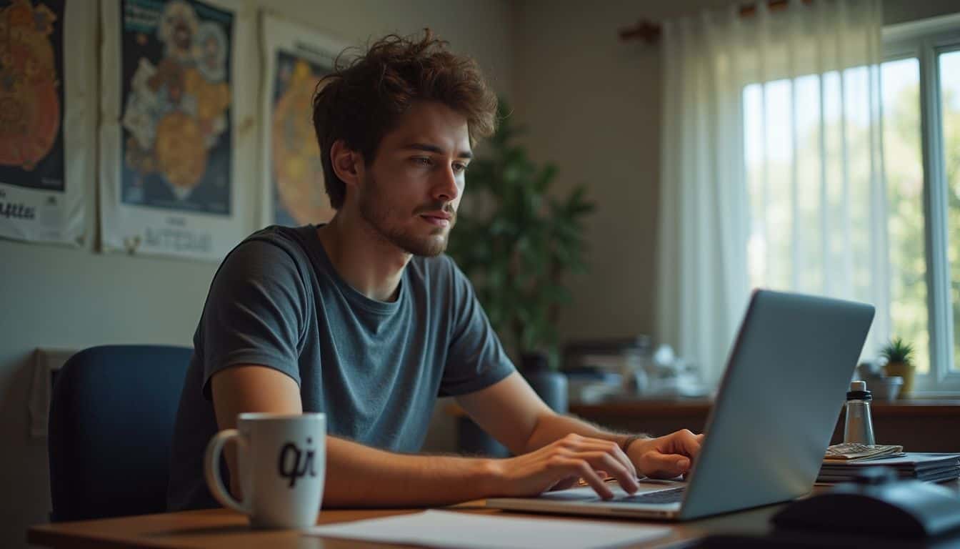 A 27-year-old man types on his laptop at a cluttered table, immersed in work.