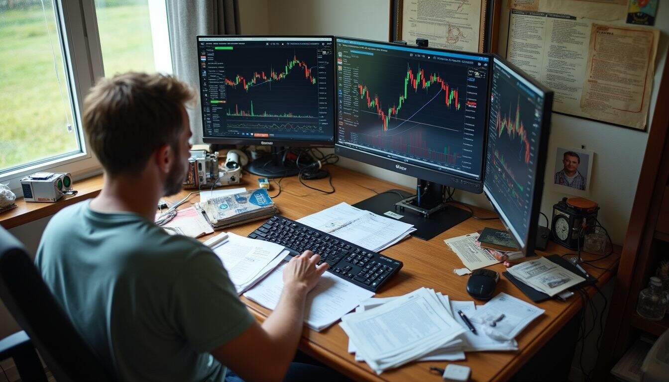 A cluttered home office features computer screens with cryptocurrency graphs, scattered investment notes, and a framed photo of Barry Silbert.