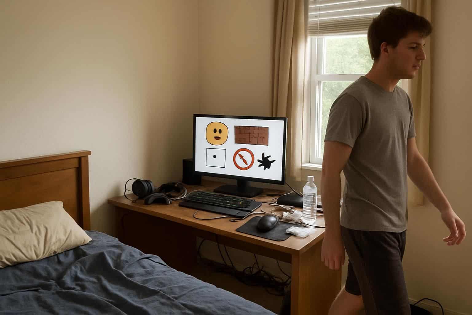 A messy bedroom with gaming gear and a computer displaying unusual Roblox decals reflects a casual, everyday hangout. A messy bedroom with gaming gear and a computer displaying unusual Roblox decals reflects a casual, everyday hangout.