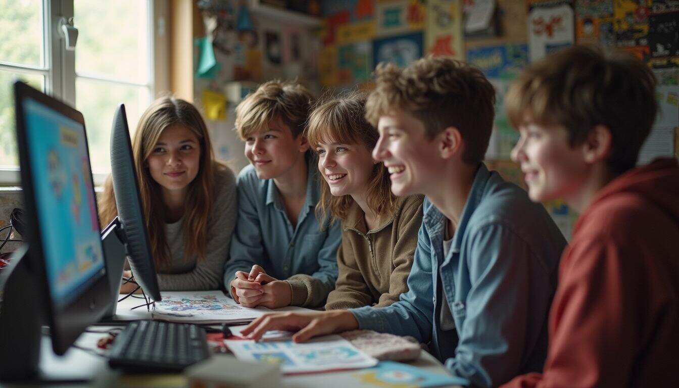 A group of teenagers gathers around a computer, intrigued by unusual Roblox images in a cluttered bedroom. A group of teenagers gathers around a computer, intrigued by unusual Roblox images in a cluttered bedroom.
